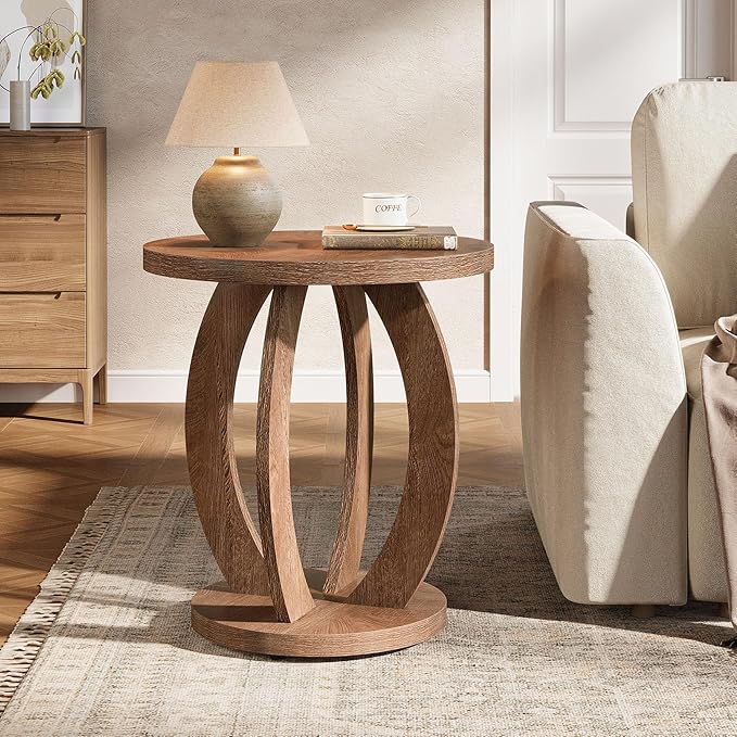Tribesigns End Table, Round Side Table with Storage, Farmhouse Nightstand Bedside with Round Tabletop, Accent End Table for Living Room Bedroom Small Space, Wooden Accent Furniture, Rustic Brown
