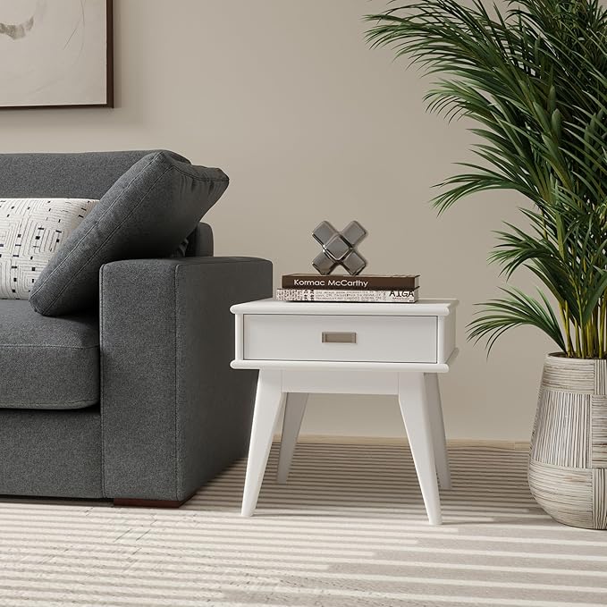 SIMPLIHOME Draper Solid Hardwood 22 inch Wide Rectangle Mid Century Modern End Table in White for The Living Room and Bedroom