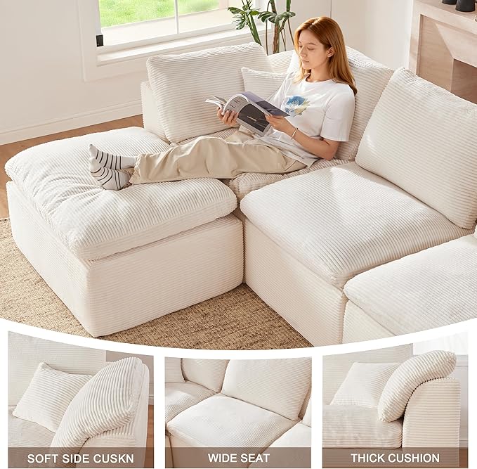 112" Cloud Sectional Couch, BonelessCouches for Living Room, U Shaped Couch with Convertible Ottoman, Modular Sectional Sofa with Deep Seat, Comfy Soft Cushions, No Assembly, Beige
