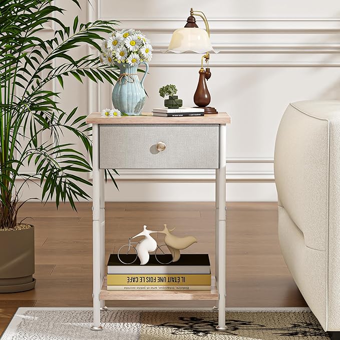 VECELO End Tables, Modern Nightstand with Fabric Drawer & Open Shelf, Night Stand for Bedroom Living Room, Industrial Metal Frame, Easy Assembly, Light Brown,1 Pack