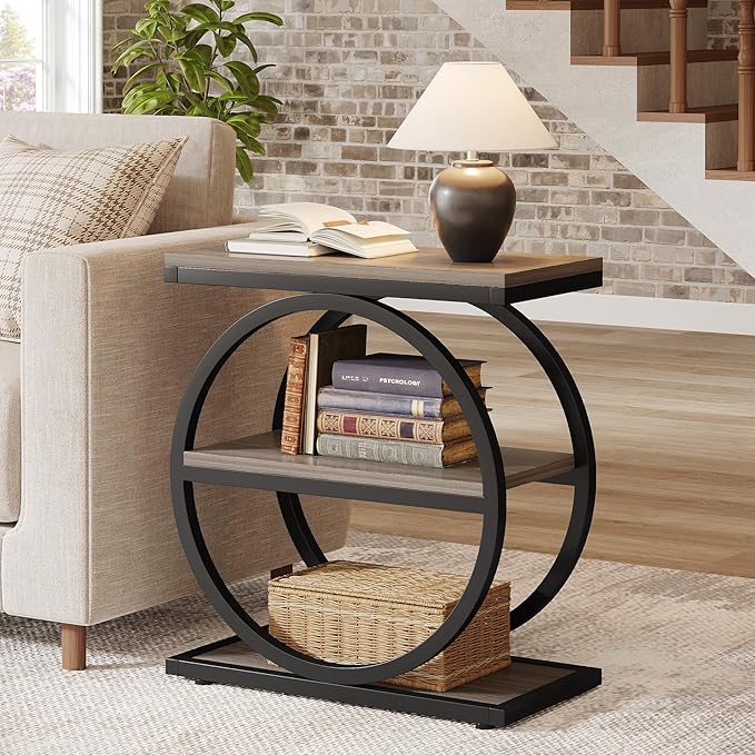 Tribesigns End Table Set of 2, Narrow End Table with 3 Storage Shelves, Wooden Side Table with Metal Frame, Small Sofa Side Table for Living Room, Grey Nightstand and Bedside Table for Bedroom