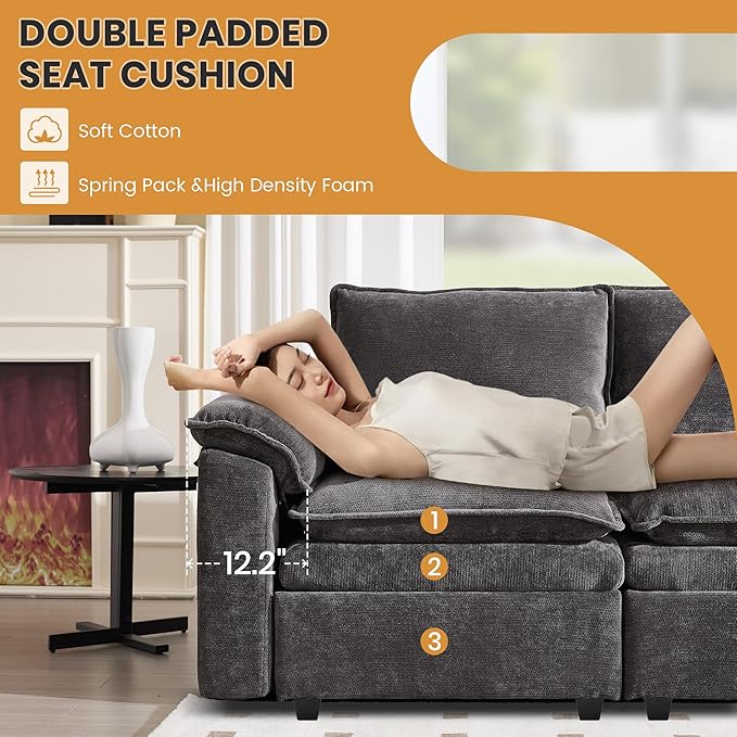 130" U Shaped Modular Sectional Sofa, Couch with Ottoman Storage, Chenille Cloud Couch with Plush Deep Seating for Living Room, Bedroom (9 Seat, Grey)
