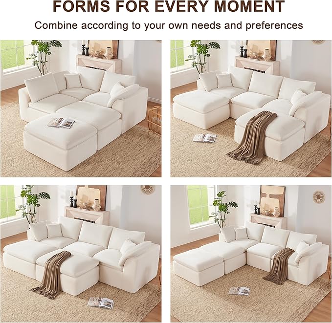 112" Cloud Sectional Couch, BonelessCouches for Living Room, U Shaped Couch with Convertible Ottoman, Modular Sectional Sofa with Deep Seat, Comfy Soft Cushions, No Assembly, Beige
