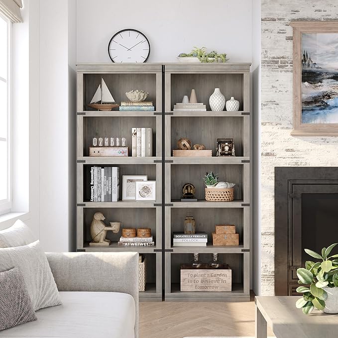 IDEALHOUSE 5 Tier Bookcase, Farmhouse Book Shelf with Storage, Tall Book Case Wooden 5 Shelf Bookcase for Home Office, Living Room, Bed Room (Grey, 67.4" H x 24.6" W x 12.8" D)