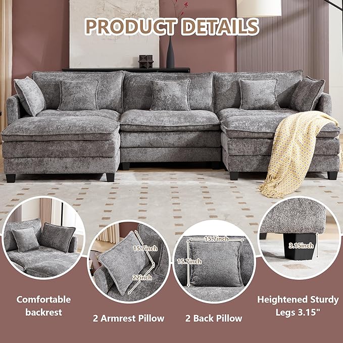 Plush Modular Cloud Sofa Set with Ottoman | L/U-Shaped Deep Seating Chenille Sectional for Family Living Room