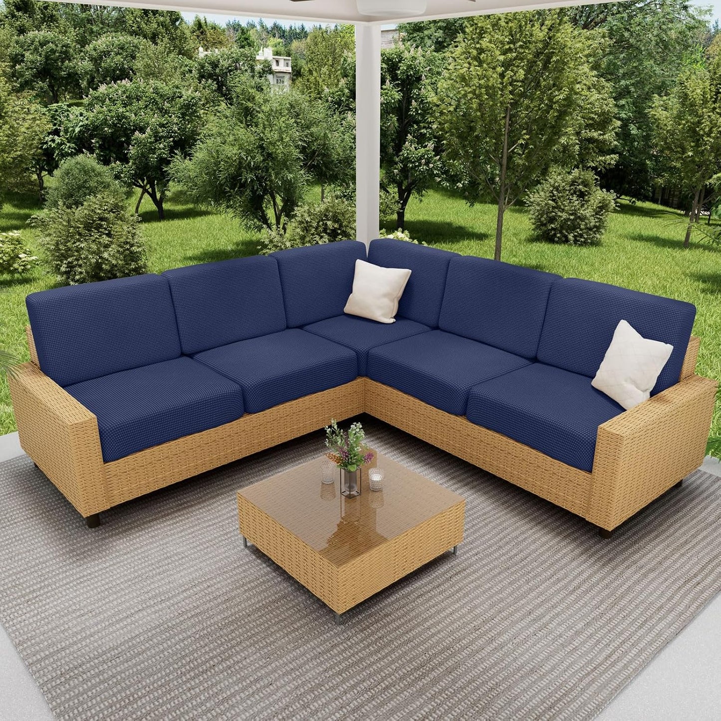 hyha Waterproof Couch Cushion Covers for Pets, Non Slip Sofa Seat Cover for Dogs Washable, Soft Thick Stretch Jacquard Fabric, Sofa Slipcovers with Elastic Bottom (1 Chaise+2 Seater, Navy)