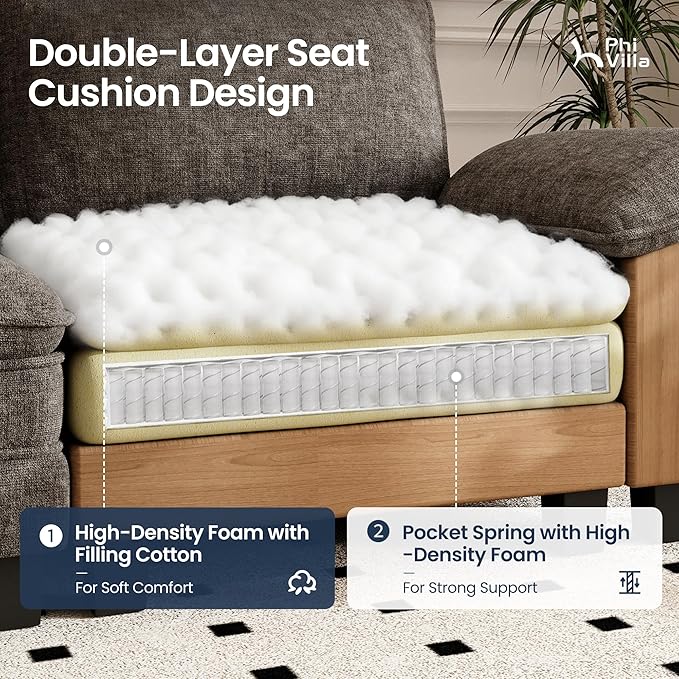 PHI VILLA Modern Modular Couches Sets, 123.6" Cloud Sectional Sofa with Upholstered Deep Seat, 3-Seater Couch for Living Room Small Spaces, Chenille Fabric, Smoky Grey