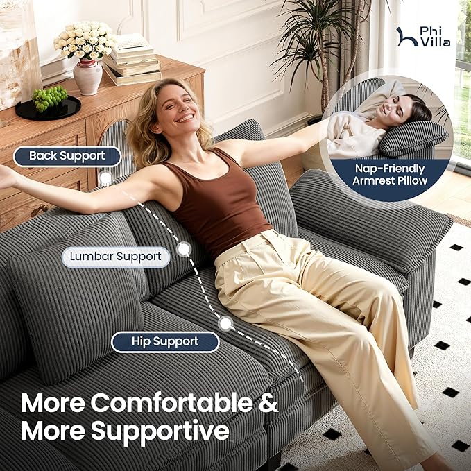 PHI VILLA Cloud Modular Couch Sets, 157.5" Large Sectional Sofa with U-Shaped Chaise, 6-Seater Couches with Movable Ottomans for Living Room, Corduroy Fabric, Grey