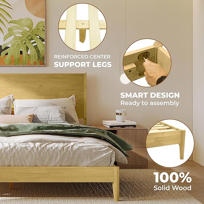 Acacia Haven King Size Bed Frame and Headboard, King Size Platform Bed Frame Scandinavian Wood Bed Compatible with All Mattress Types, No Box Spring Needed, 800lbs Wood Slats Support, Oak