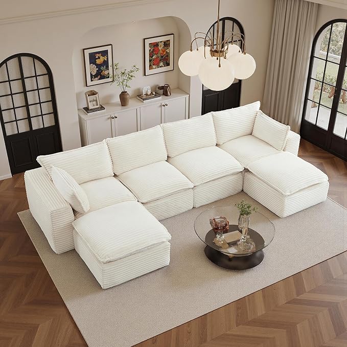 108" Sectional Couches for Living Room Boneless Couch Upholstered Cloud Couch Sectional Modular Sectional Sofa with L Shaped (Corduroy-White, 4 Seat+2 Ottoman)