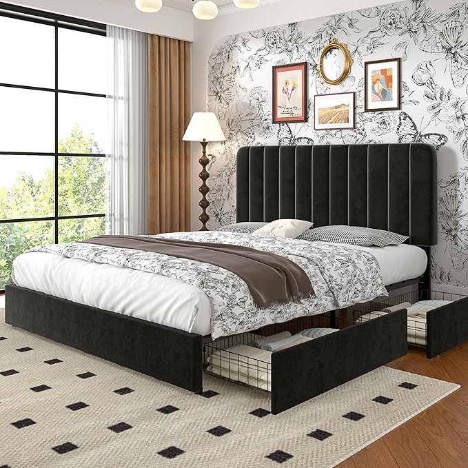 VECELO King Size Upholstered Bed Frame with 4 Drawers and Headboard, Velvet Platform Storage Bedframe, Wooden Slats Support, No Box Spring Needed,Black