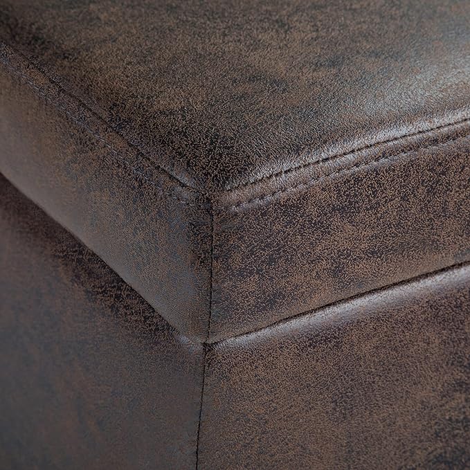 SIMPLIHOME Avalon Storage Ottoman Bench - 48 inch Wide Upholstered Vegan Leather Rectangular Lift-Top Ottoman in Distressed Brown, Contemporary Storage Bench for Living Room with High-Density Foam
