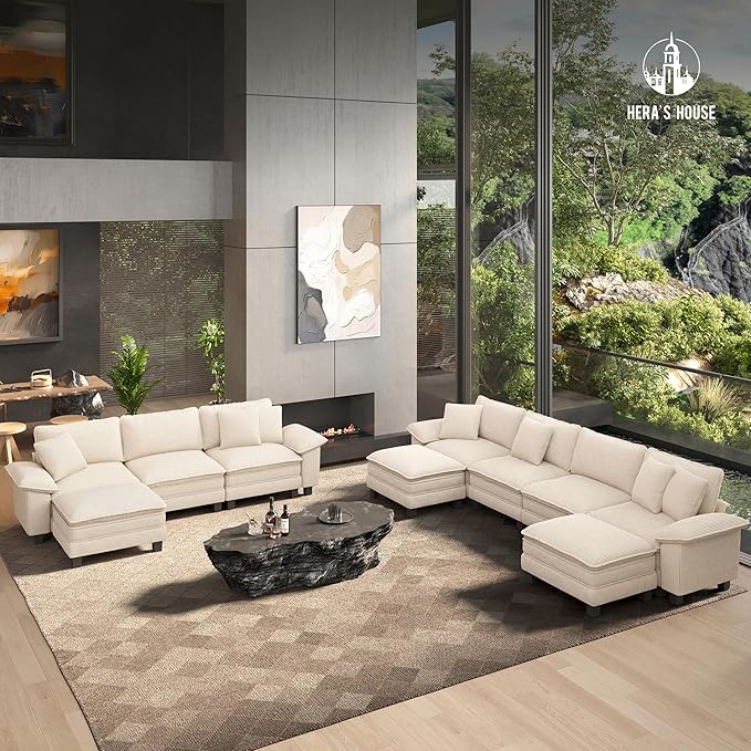 HERA'S HOUSE 158" Modular Sectional Sofa, Oversized Couches for Living Room, Comfy Cloud Couch 4-Seater Deep Seat Sofa with Throw Pillow, Chenille Beige