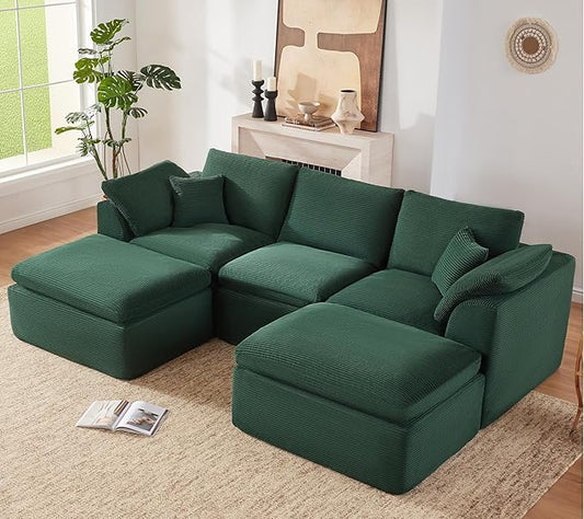 112" Cloud Sectional Couch, Boneless Couches for Living Room, U Shaped Couch with Convertible Ottoman, Modular Sectional Sofa with Deep Seat, Comfy Soft Cushions, No Assembly, Green