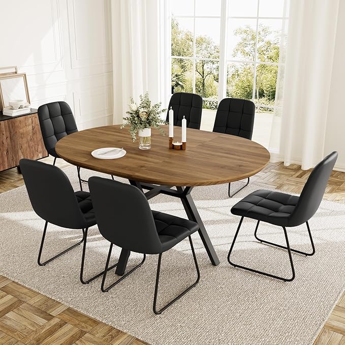 Extendable Round Dining Table Set for 6 People, 43.3"-59.1" Extendable Kitchen Table with 6 Upholstered Chairs, Space Saving for Kitchen Dining Room (Walnut Table+6 U-Shaped Black Chairs)
