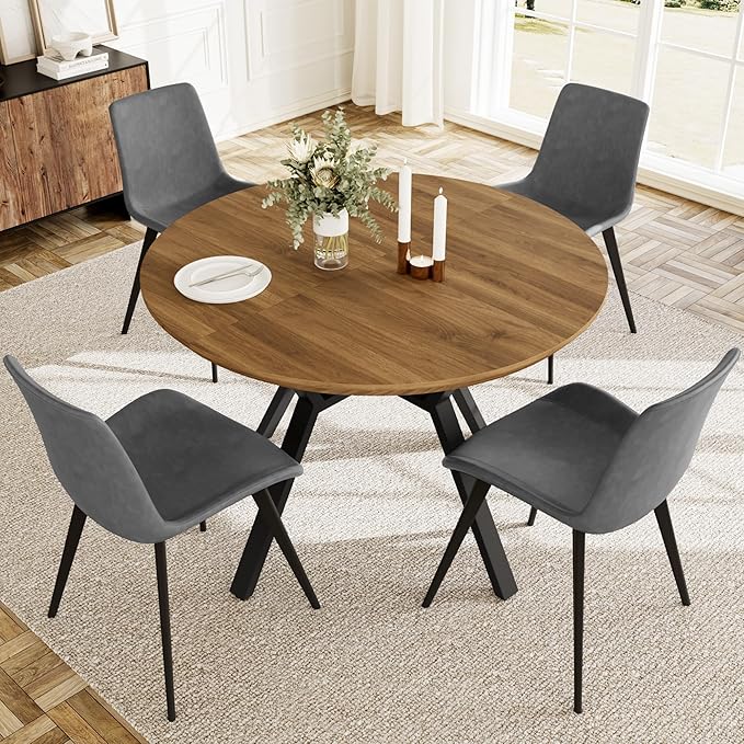 Extendable Round Dining Table Set for 4-6 People, 43.3"-59.1" Extendable Kitchen Table with 4 Upholstered Chairs, Space Saving for Kitchen Dining Room (Walnut Table+4 Grey Chairs)