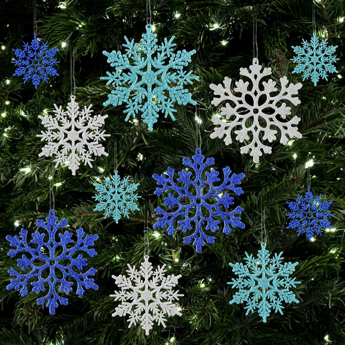 36pcs Blue Silver Christmas Snowflake Ornaments, Plastic Glitter Hanging Snow Flakes for Christmas Tree Decorations Winter Wonderland Frozen Birthday Party Home Decor Craft Snowflakes
