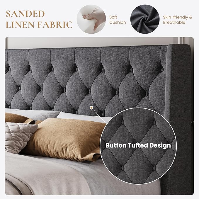 SHA CERLIN Queen Size Platform Bed Frame with Upholstered Headboard and Wingback, Button Tufted Design, Easy Assembly, No Box Spring Needed, Dark Grey