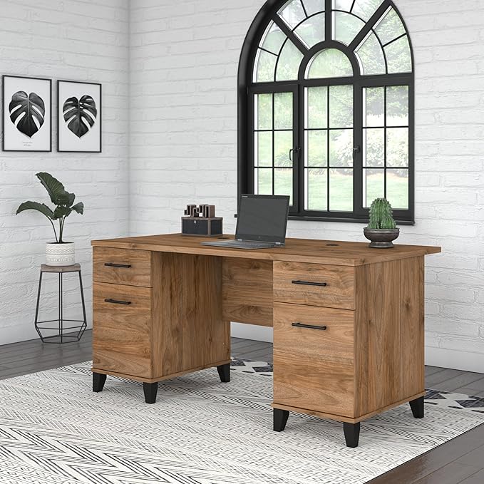Bush Furniture 60-inch Home Office Desk with Drawers, Large Computer Table with Storage, Transitional Style, Somerset Collection, Fresh Walnut