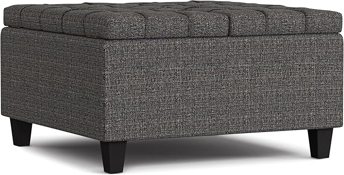 SIMPLIHOME Harrison 30 inch Wide Transitional Square Small Coffee Table Storage Ottoman in Ebony Tweed Polyester, Assembled, for The Living Room and Bedroom