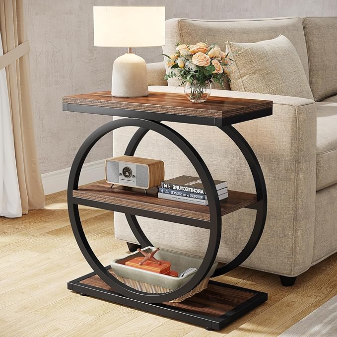 Tribesigns End Table, Narrow End Table with 3 Storage Shelves, Wood Side Table with Black Metal Frames, Industrial Small Sofa Side Table for Living Room, Slim Nightstand and Bedside Table for Bedroom