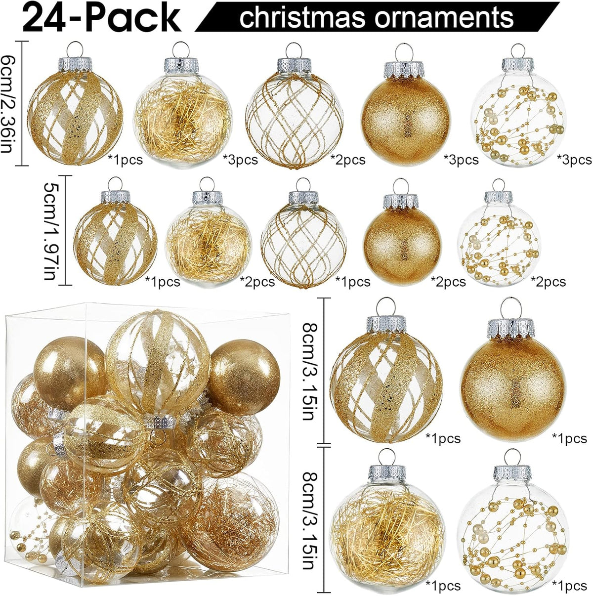 Clear Christmas Ball Ornaments,24ct Shatterproof Plastic Decorative Christmas Ornaments Hanging Xmas Tree Baubles Set with Stuffed Delicate Glittering Decorations for Holiday Party Home Decor (Gold)