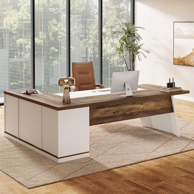 Tribesigns 78.7" L-Shaped Executive Desk, Modern Office Desk with 55.1" Storage Cabinet, Large Computer Table with Drawers and Shelves, Business Furniture Workstation for Home Office, Brown & White