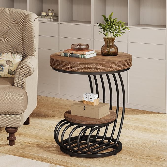 Tribesigns Round End Table, 2-Tier Farmhose Wood Side Table with Shelf Storage, Small Sofa Side Bedside Nightstand, Arc-Shaped Frame Accent Furniture for Living Room, Light Brown