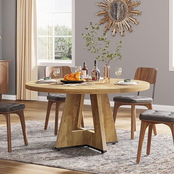 Tribesigns Round Dining Table for 4, 47 inch Farmhouse Circle Kitchen Table with Wooden Pedestal Base for Kitchen, Dining Room, Living Room (Light Wood)