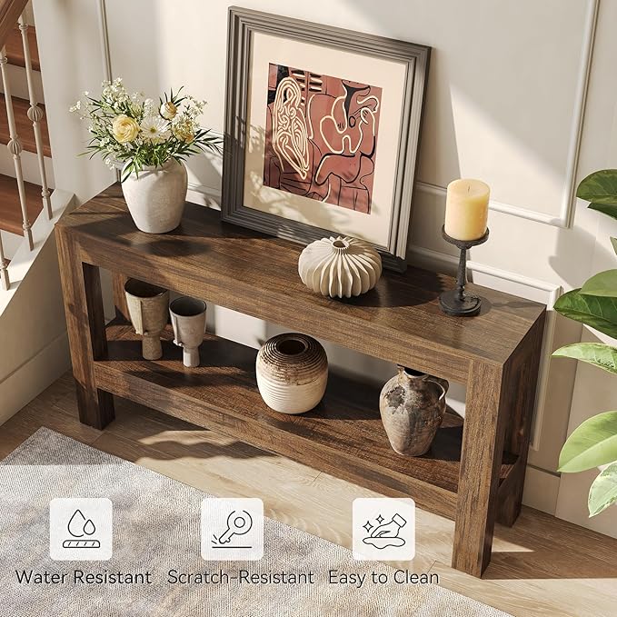 LITTLE TREE 63-Inch Wood Entryway Table, Long Farmhouse Narrow Console Table for Living Room, Hallway, Sofa, Entry, Entrance, Foyer, Behind Couch with 2-Tier Shelves, Brown