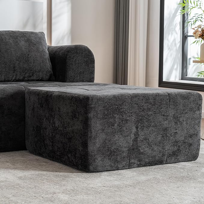 95" Modern Cloud Sectional Sofa Couch, Modular L-Shaped Sofas with Deep Seat and Chaise Ottoman, Chenille Boneless Tufted Couches for Living Room, No Assembly Required, Black