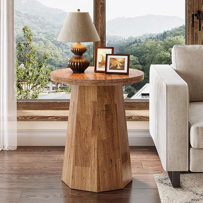 Tribesigns Farmhouse Round End Table, Wooden Couch Side Table with Octagonal Base, Rustic Brown Nightstand Pedestal Accent Furniture for Living Room, Bedroom (1, Walnut)