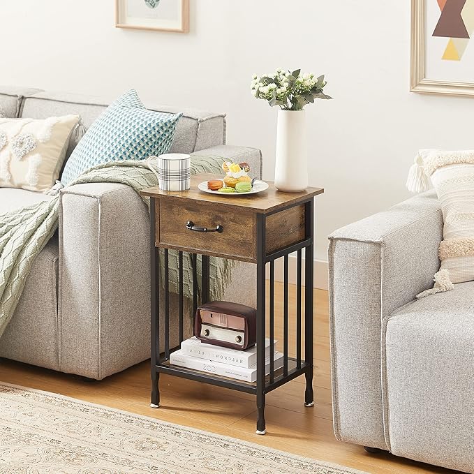 VECELO Nightstands, Industrial Side Table/End Tables with Drawer and Storage Shelf, Night Stands for Bedroom, Living Room, Wood Metal Furniture, Easy Assembly,Antique Brown,2 Sets