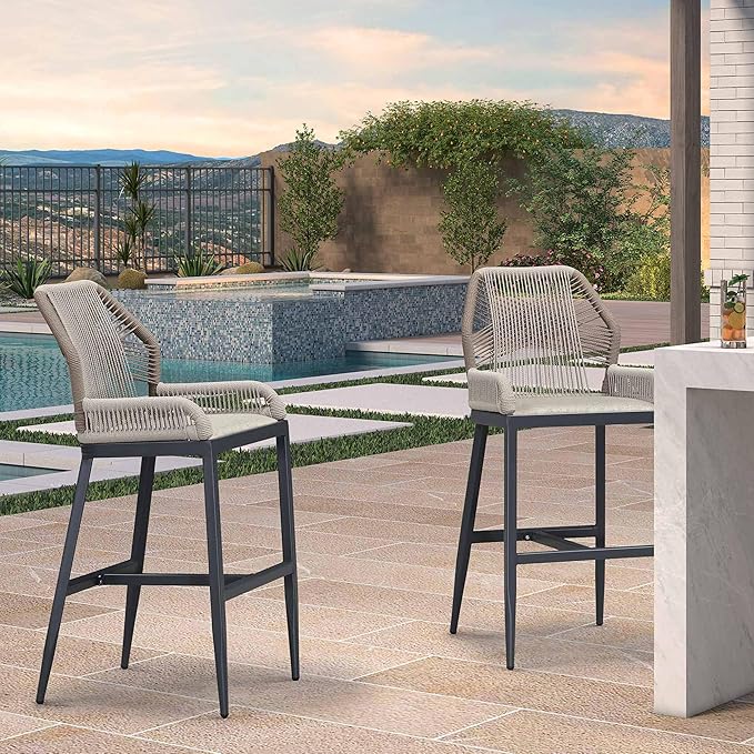 PURPLE LEAF 4 Pieces Bar Stools Patio Modern Rattan Barstools Aluminum Woven Tall Bar Chairs with Cushions for Outdoor Kitchen Island Garden