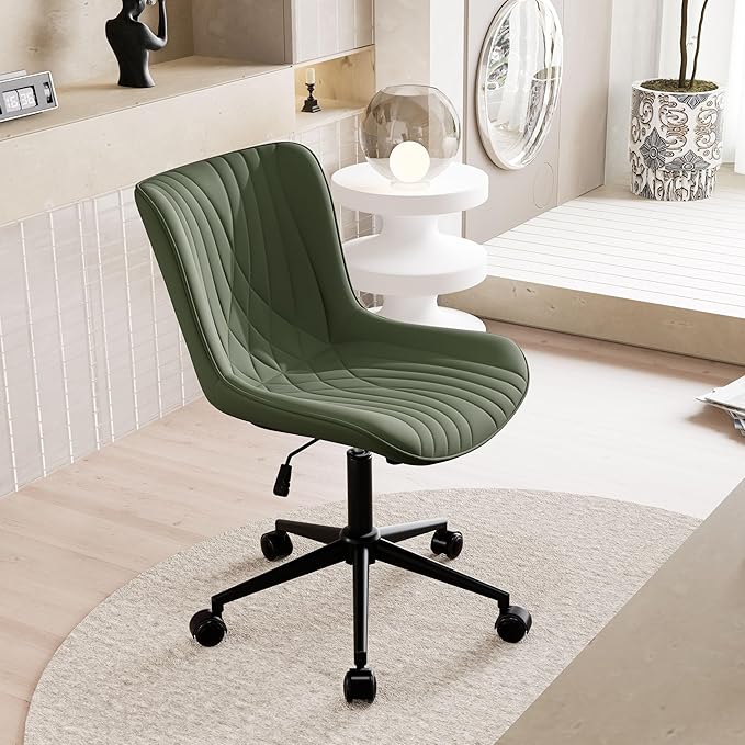 YOUNIKE Office Chair, Armless Desk Chair Computer Chair with Wheels, Modern Upholstered PU Leather Task Chair, Rolling Adjustable Swivel Home Office Desk Chair, Dark Green
