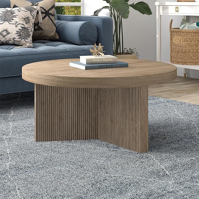 Henn&Hart 32" Fluted Round Low-Profile Coffee Table with Ribbed Pedestal Base for Living Room, Family Room, Office, or Apartment, Antiqued Gray Oak