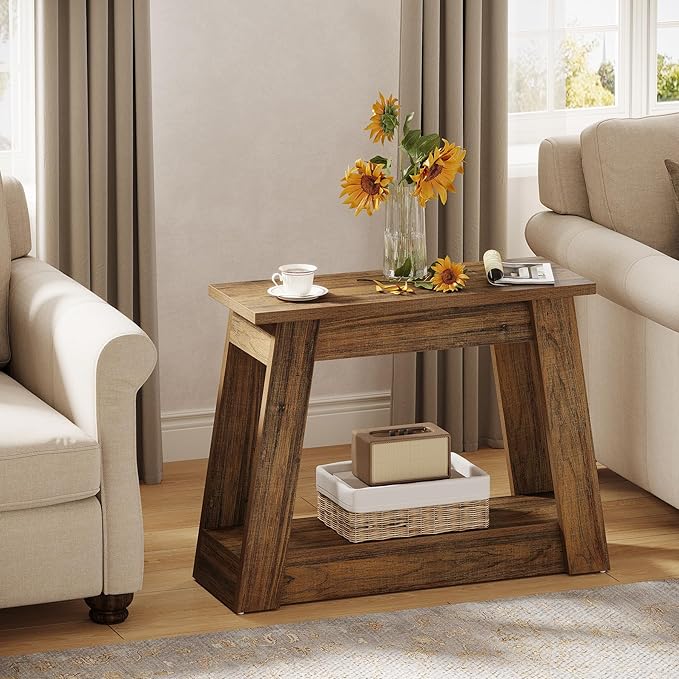 Tribesigns Wood End Table, Small Side Table with 2 Storage Shelves, Rustic Accent Narrow Nightstand for Living Room, Bedroom (1)
