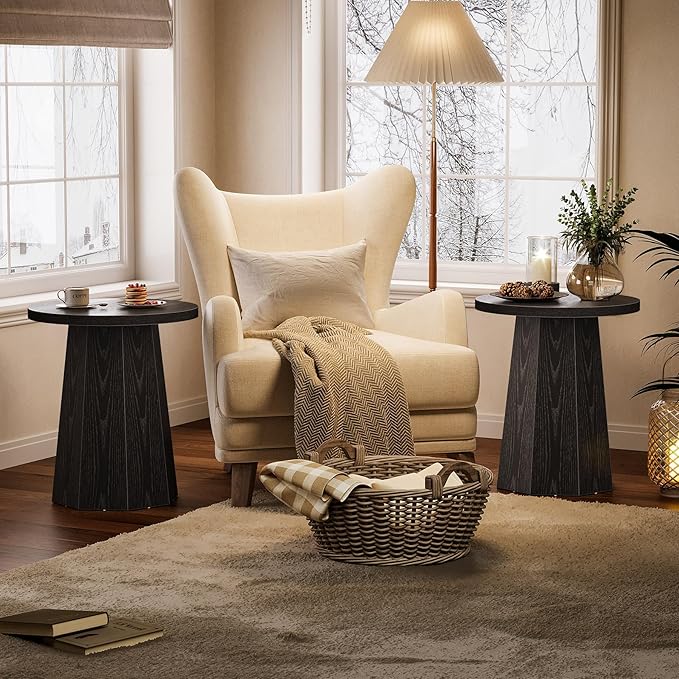 Tribesigns Farmhouse Round End Table, Wooden Couch Side Table with Octagonal Base, Black Nightstand Pedestal Accent Furniture for Living Room, Bedroom (1)