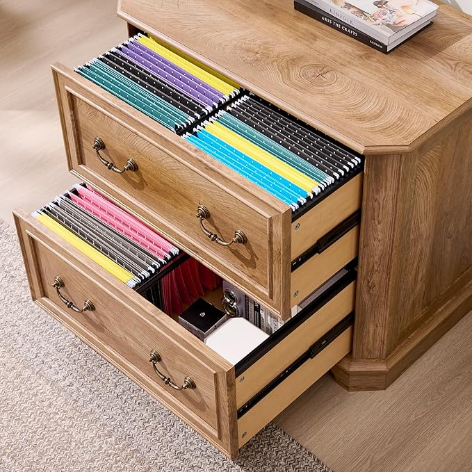 T4TREAM 34" Lateral File Cabinet with 2 Drawers, Farmhouse Filing Cabinet with 34" Wide Wooden Tabletop & Smooth Rails, Holds Letter/Legal, Hexagonal Design & Framed Drawer Fronts, Light Knotty Oak