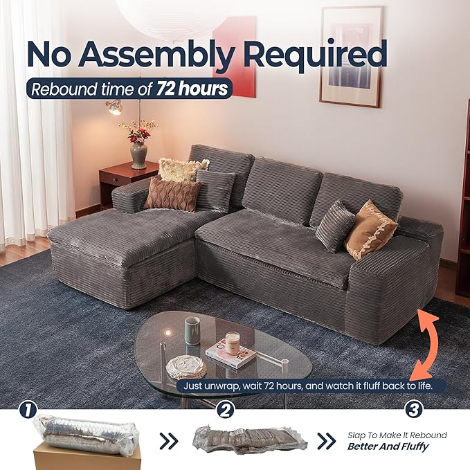 106" Oversized Couch Sofa, L Shape Couches for Living Room, No Assembly Required Corduroy Sectional Sofas with Left Facing Chaise for Home Apartment