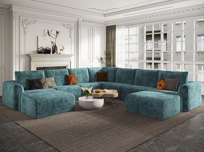 EASE MOOSE Oversized Sectional Cloud Couch, 9-Seat Modular Boneless Sofa Set with Deep Seat, No-Assembly Chenille Sofa for Living Room, Blue