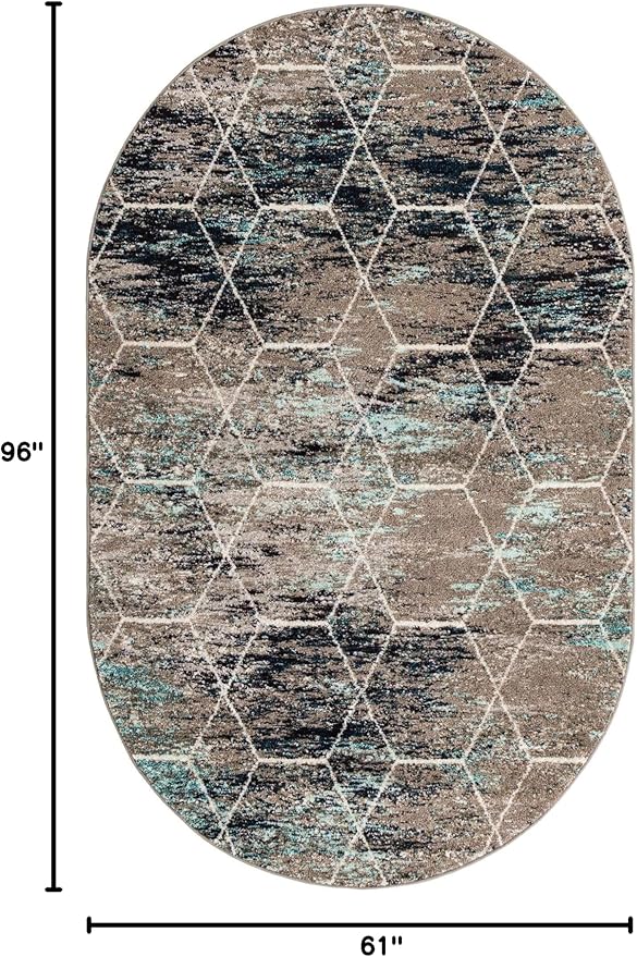 Unique Loom Trellis Frieze Collection Area Rug - Geometric (5' x 8' Oval, Blue Multi/ Ivory)
