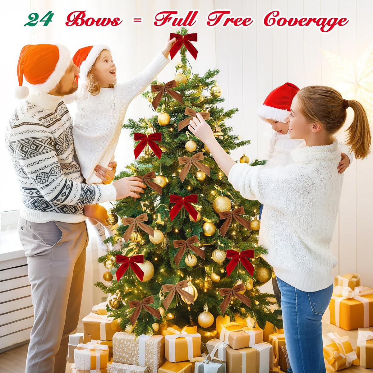 Red Velvet Bows for Christmas Tree Decorations, 24 Pcs Premium Velvet Ribbon Bows, Christmas Tree Ornaments for Xmas Wreaths, Gift Toppers & Holiday Home Decor(1" Width, 3.5x3.5 Inch)