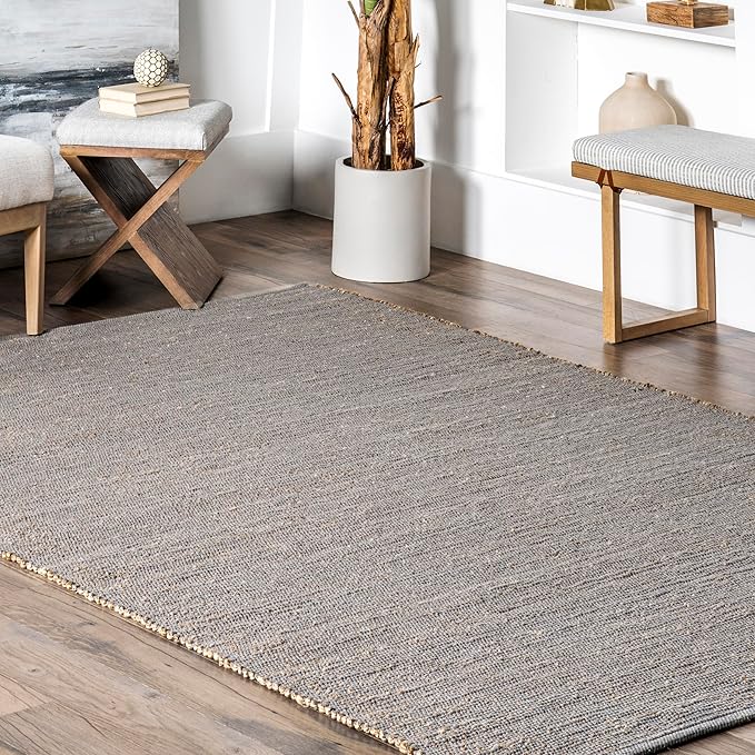 nuLOOM 6' Round Elfriede Jute & Cotton Hand Woven Area Rug, Elfriede Grey, Solid Rustic Farmhouse Style, Weaved Design, Natural Fiber, for Bedroom, Living Room, Dining Room, Hallway, Office, Entryway