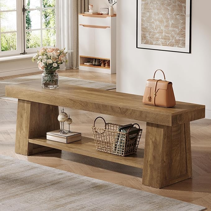 Tribesigns 63" Wooden Entryway Bench with Storage Shelf, Rustic Extra Long Bench, 2-Tier Hallway Bench for Living Room, Bedroom, Kitchen (Rustic Brown)