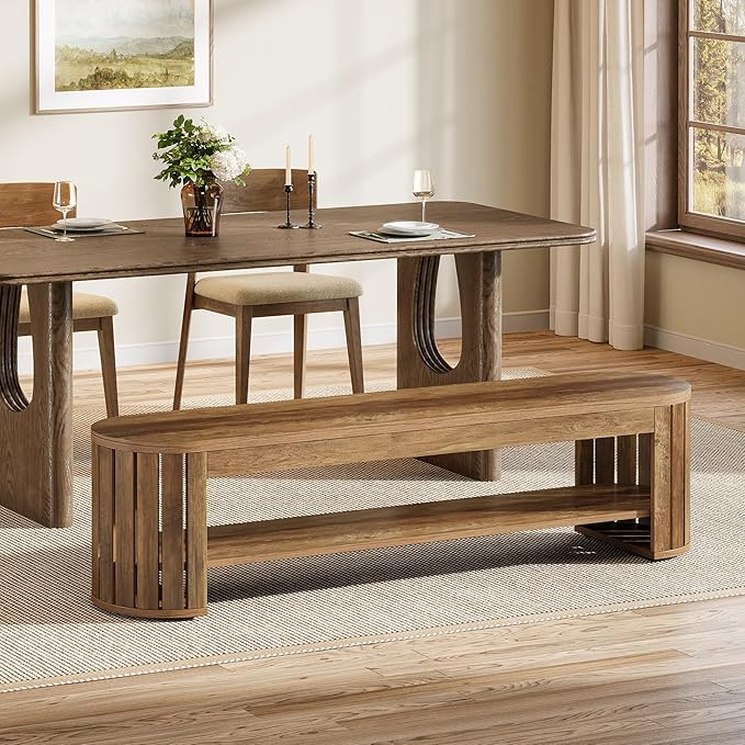Tribesigns 63" Wooden Dining Bench, Farmhouse Entryway Bench with Arc Vertical Slat Splicing Legs, Kitchen Dining Seat for Dining Room, Living Room, Home Office, Easy Assembly (Brown)