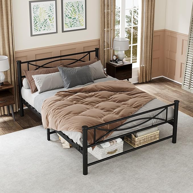 Metal Full Single Bed Frame with Storage Space, 74.8" in Steel Bed Frame with Protective Foot Pads, Strong Bearing Capacity Full Size Bed, Easy Assembly, Underbed Storage Space（35.4 inch）