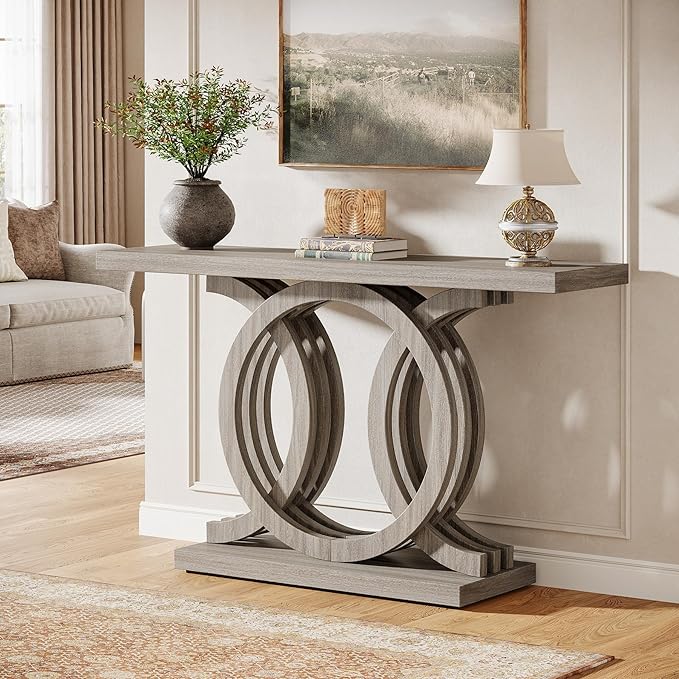 Tribesigns 55-Inch Console Table with Geometric Wood Base, Modern Entryway Table with Thick Tabletop for Living Room, Hallway, Foyer (Gray)