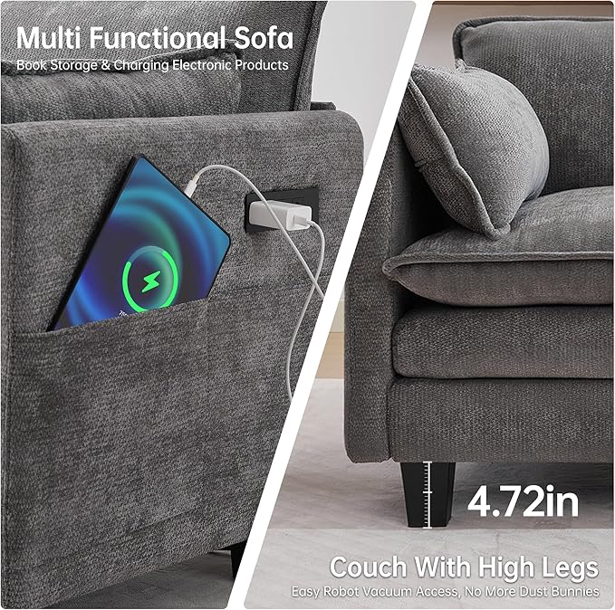 108" Modular Sectional Couches for Living Room with Ottoman, L Shaped Cloud Couch with Charger, USB & Type-c Port, Comfy 4 Seats Sofas with Deep Seat, Chenille Fabric, Darkgrey