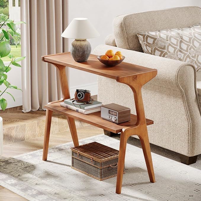 Tribesigns Narrow Side Table, 2-Tier Solid Wood End Table with Storage, Modern Tall Couch Side Table for Living Room, Slim Bedside Table for Bedroom, Small Spaces, Cherry